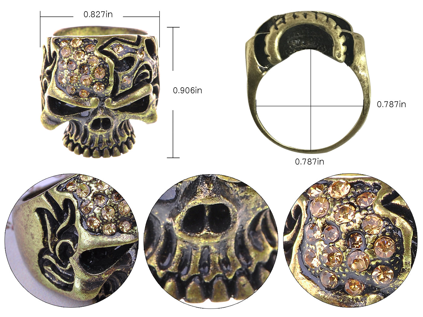 Gothic Design Brass Topaz Skull Sized Ring