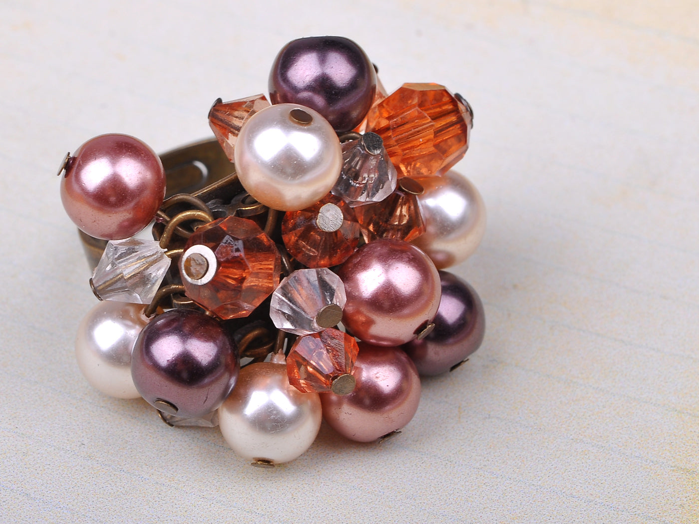 Fabricated Opal White Pearl Smoke Cluster Acry Beaded Jewelry Ring