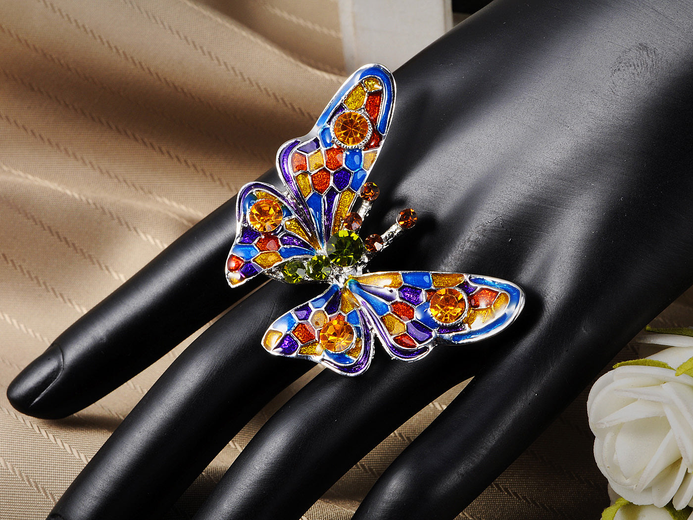 Pink Sparkle Enamel Wing Body Butterfly Ring