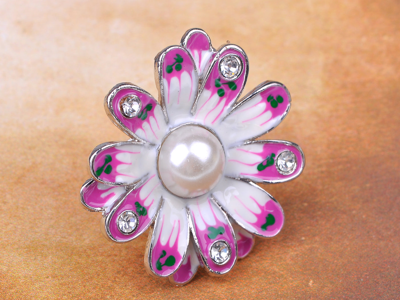 Pink Enamel Opaque Pearl Daisy Flower Floral Ring