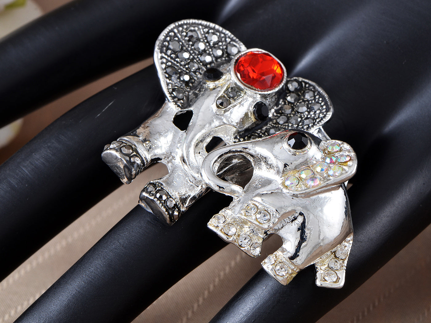 Lovely Mother Family Ruby Elephant Ring