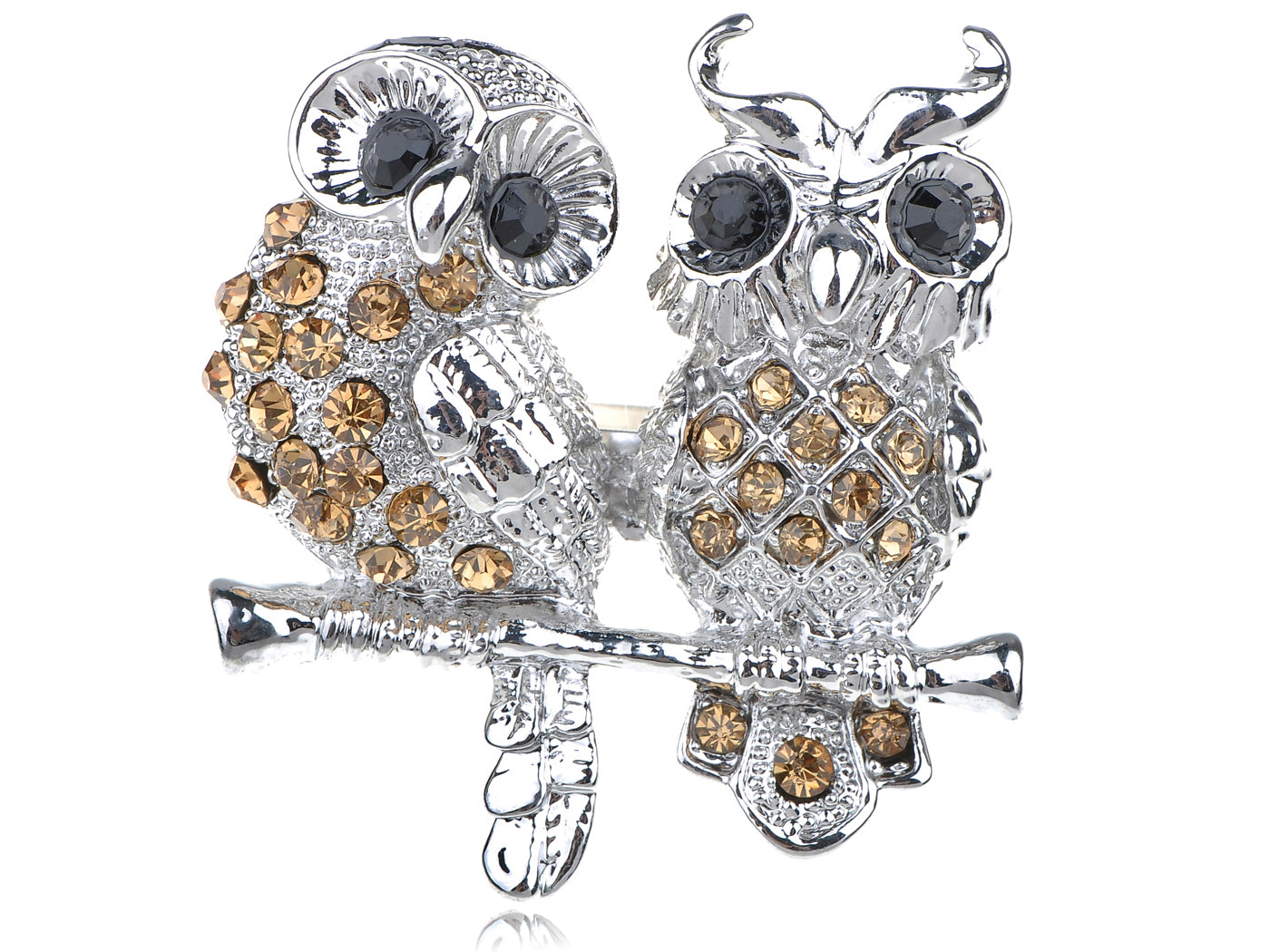 Gorgeous Bright Silver Topaz Black Eyes Twin Owl Couple Lovers Rings