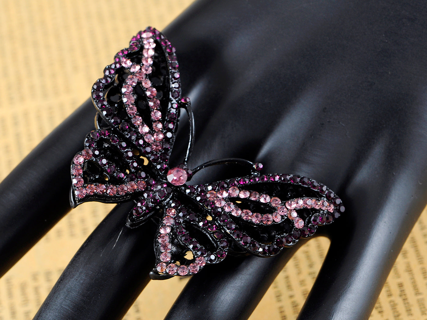 Pink Sparkle Enamel Wing Body Butterfly Ring