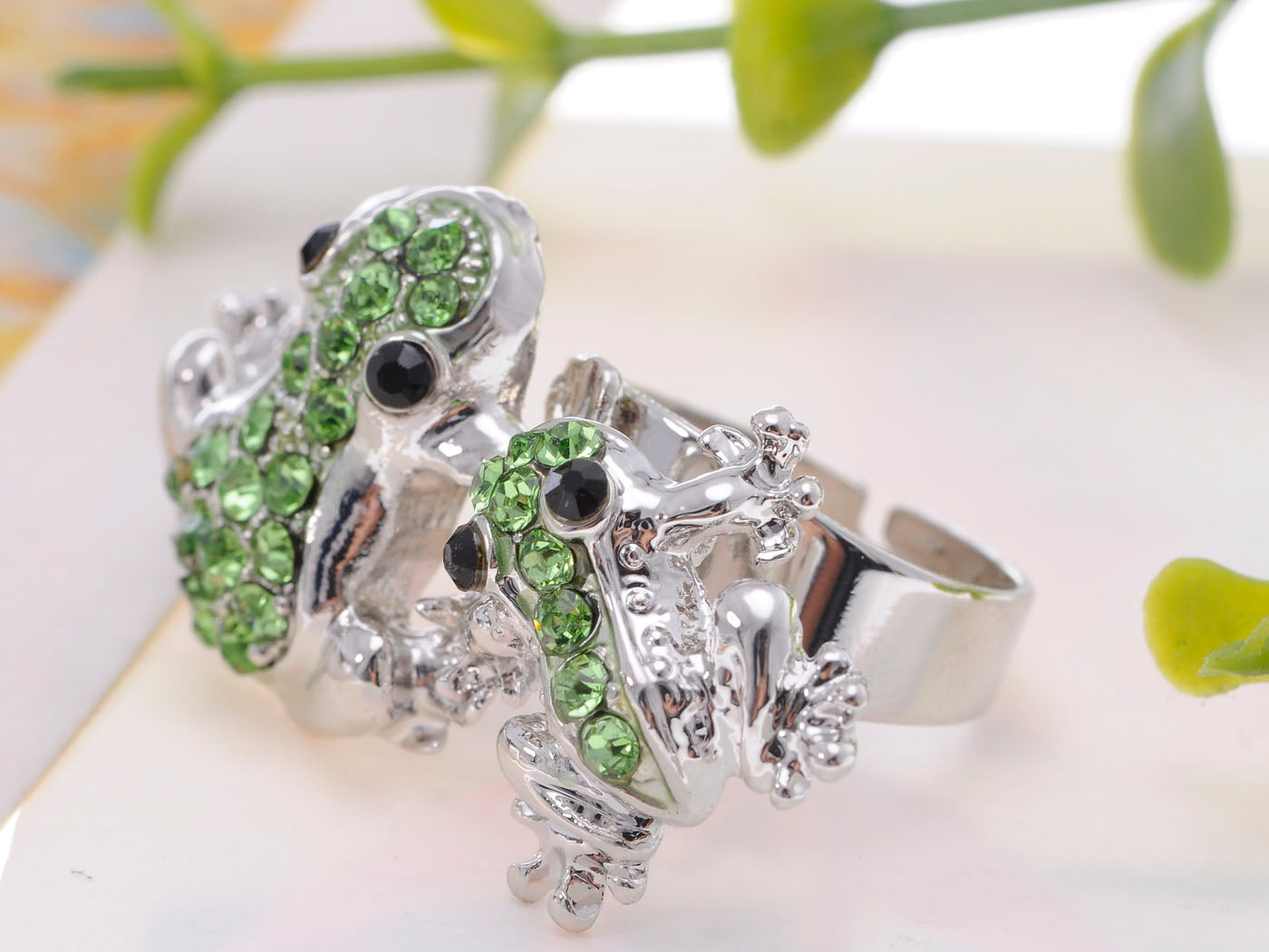 Lime Green Cartoon Frog Pair Peridot Ring