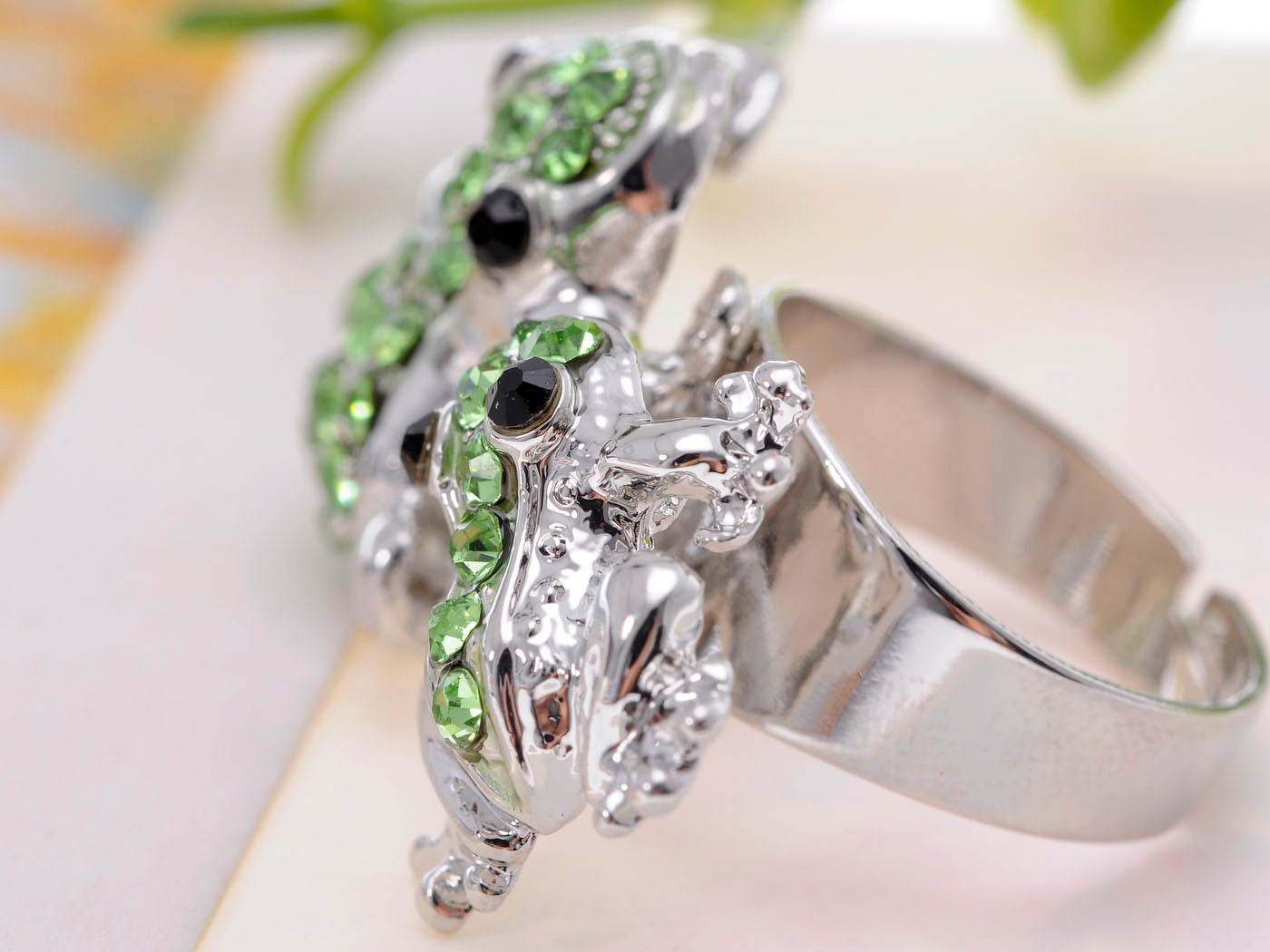 Lime Green Cartoon Frog Pair Peridot Ring