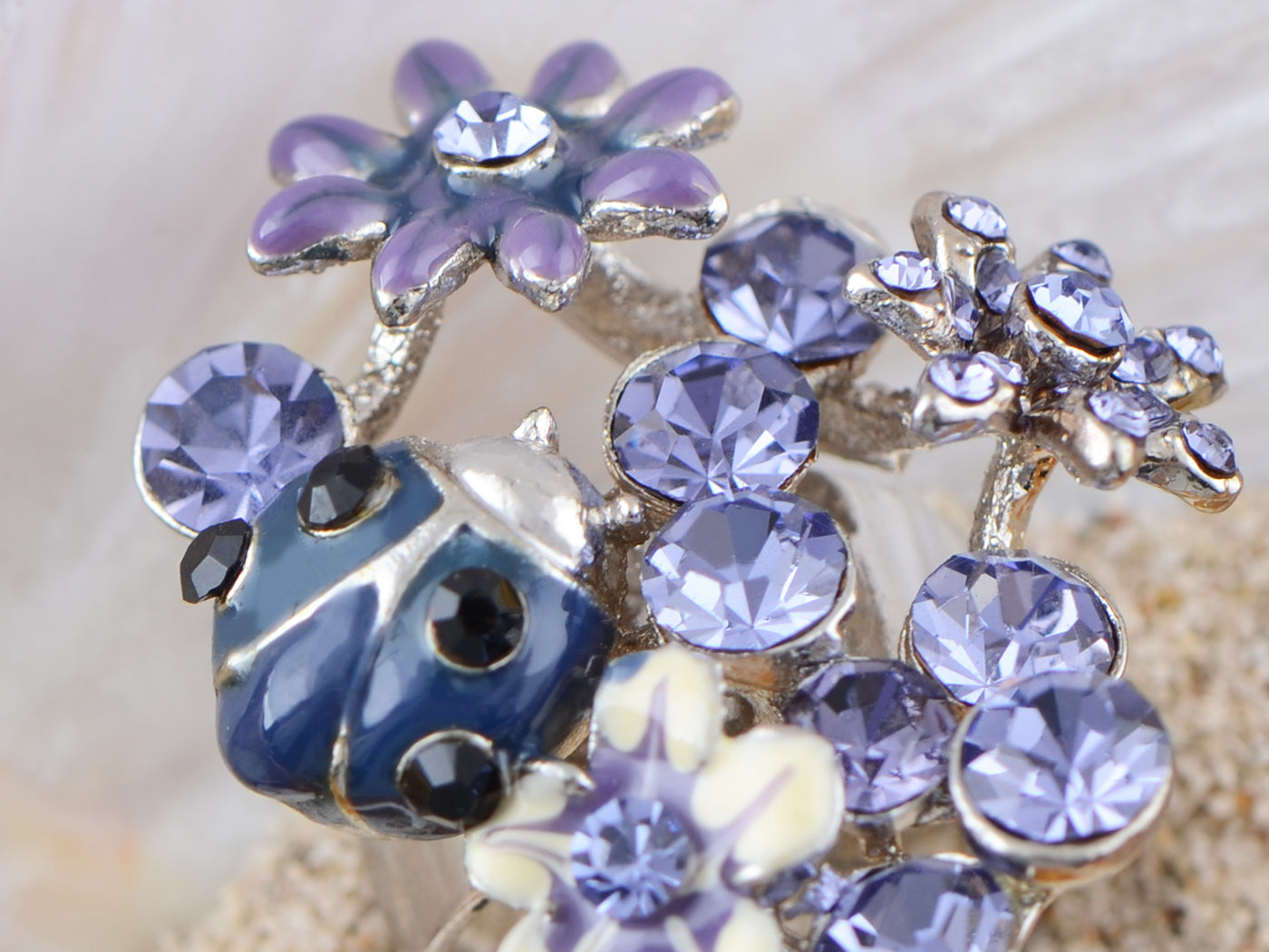 Purple Spring Floral Flowers Ladybug Ring