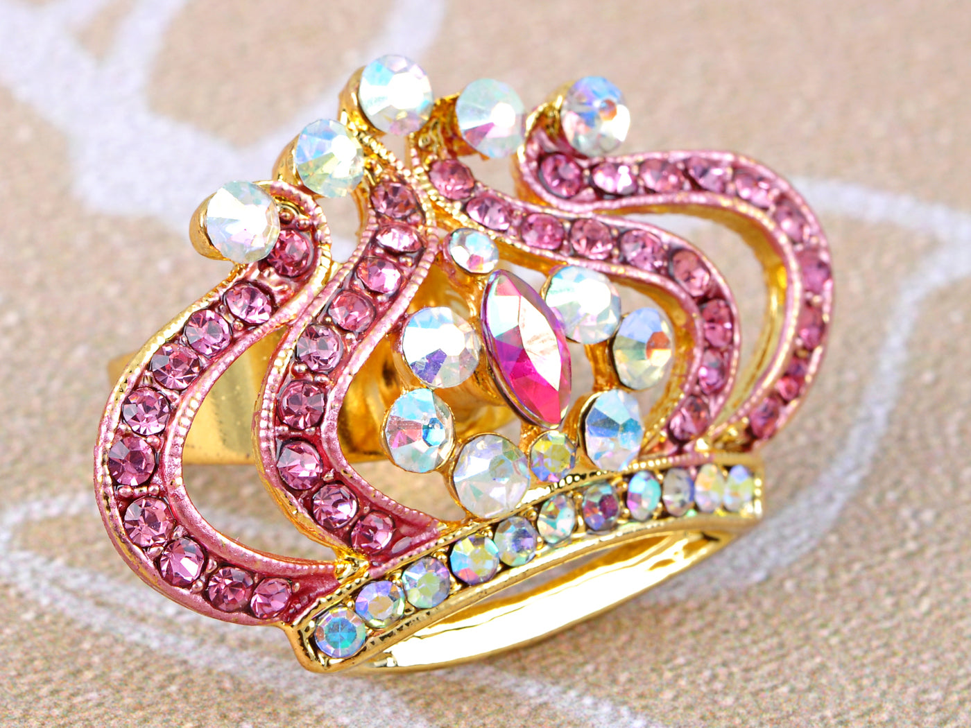 Princess Pink Rose Lady Ab Czech Crown King Ring