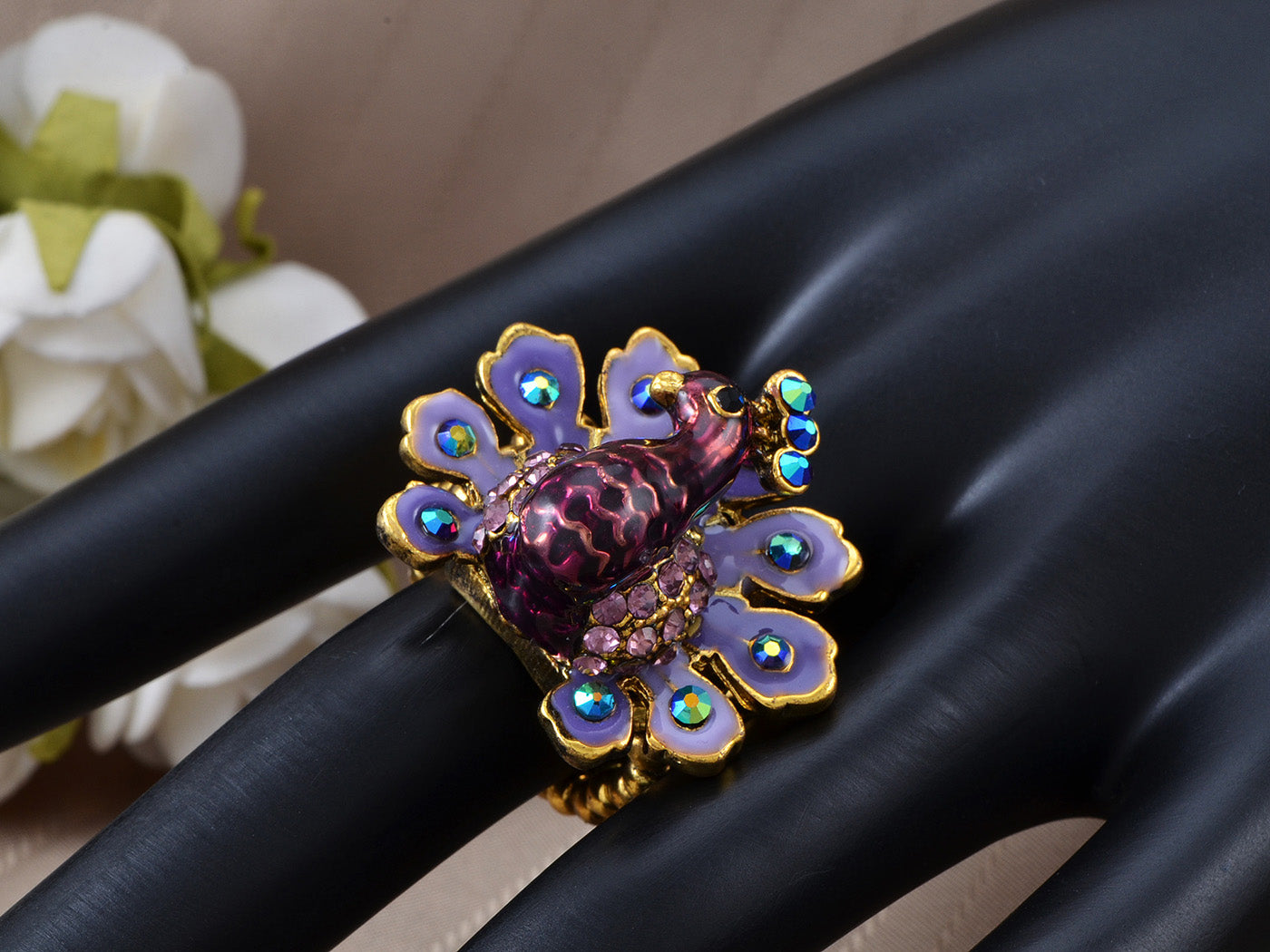 Handpainted Lilac Lavender Purple Enamel Peacock Bird Ring
