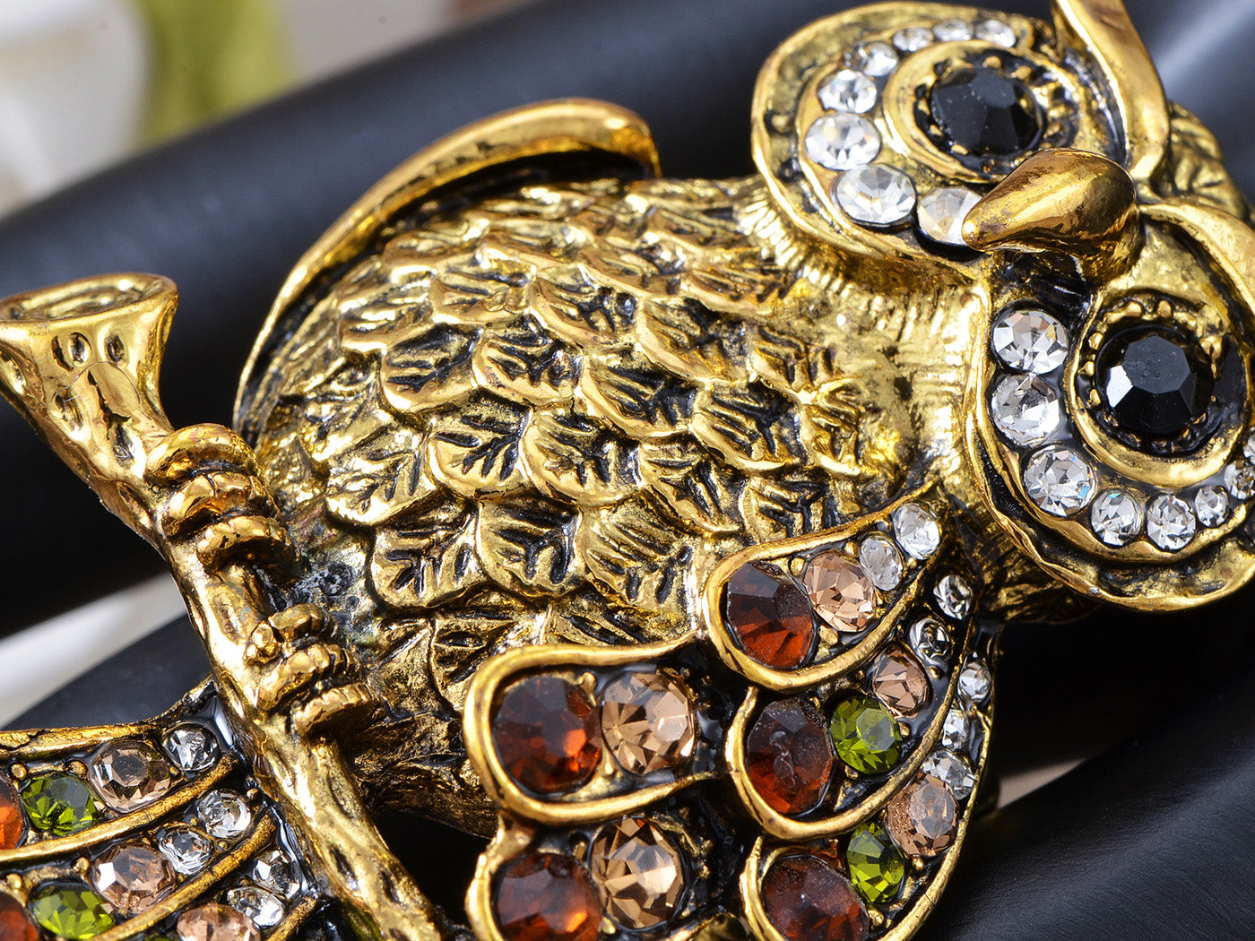 Vintage Accented Feathers Grandfather Owl Bird Ring