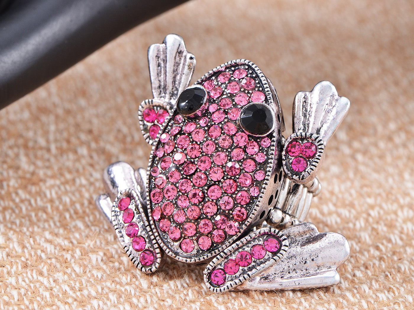 Silver Fuchsia Pink Funny Cartoon Leaping Frog Toad Ring