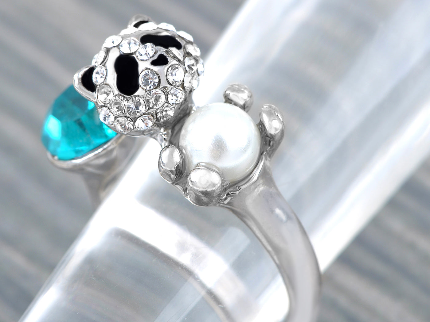 Aqua Blue Color Panda Bear Cub Hugging Pearl Animal Ring