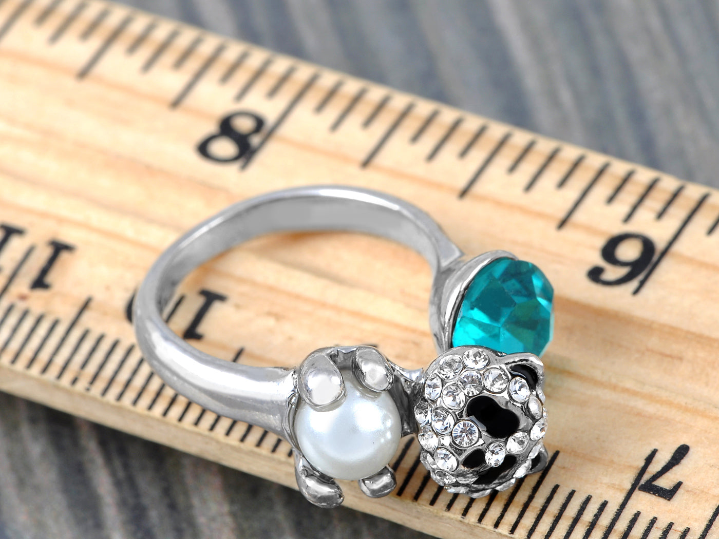 Aqua Blue Color Panda Bear Cub Hugging Pearl Animal Ring