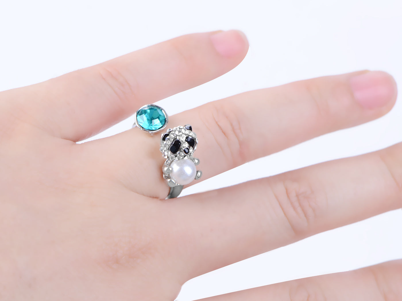 Aqua Blue Color Panda Bear Cub Hugging Pearl Animal Ring