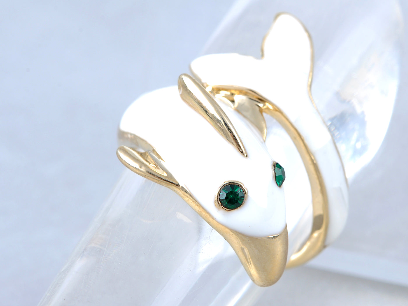 Enamel Painted Wrapped Cartoon White Dolphin Emerald Eye Ring