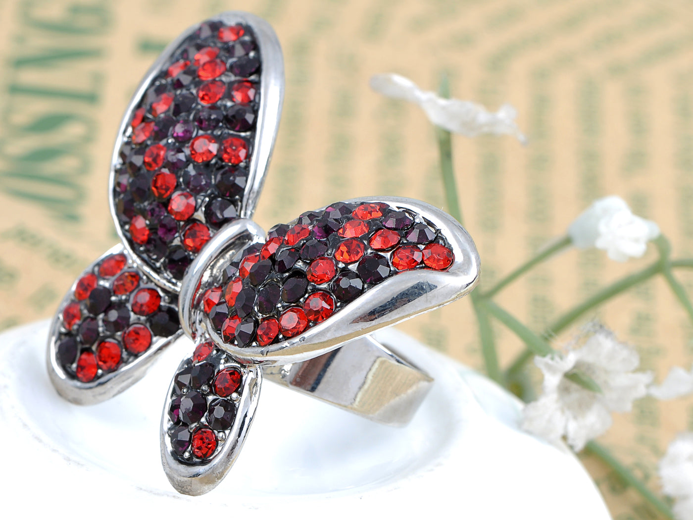 Red Black Encrusted Butterfly Ring