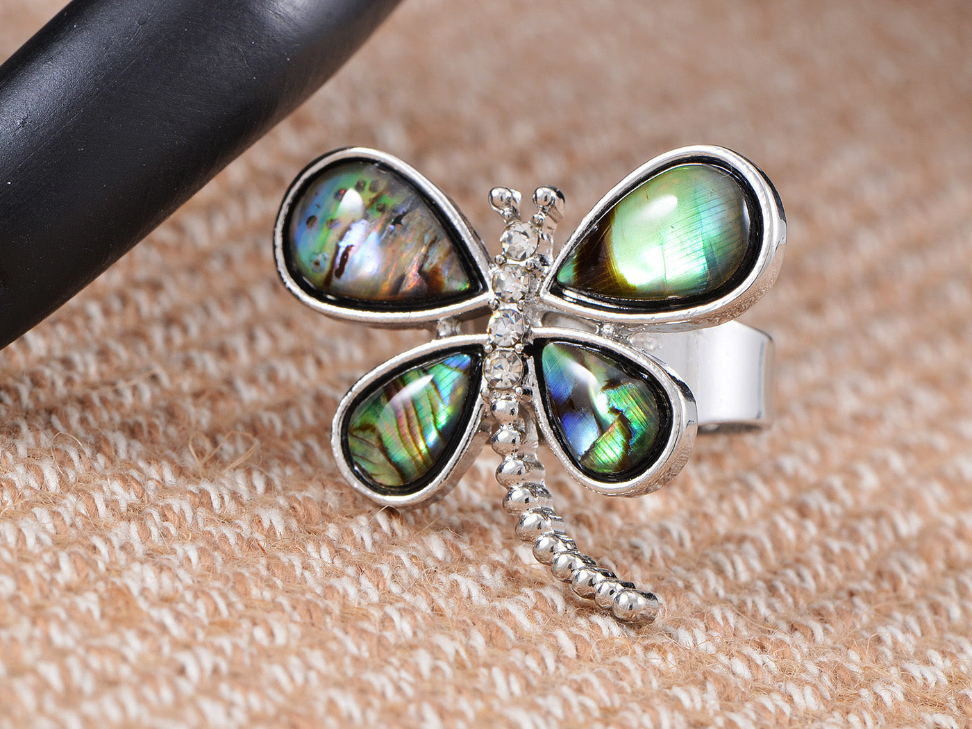 Silver Natural Abalone Shell Nd Dragonfly Ring