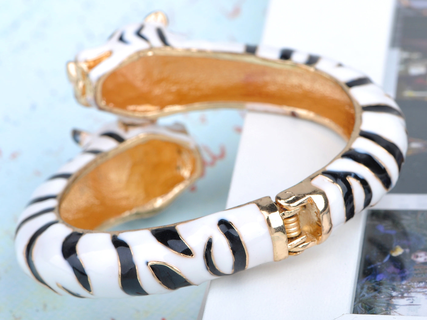 D Black And White Enamel Twin Tiger Cuff Bracelet Bangle