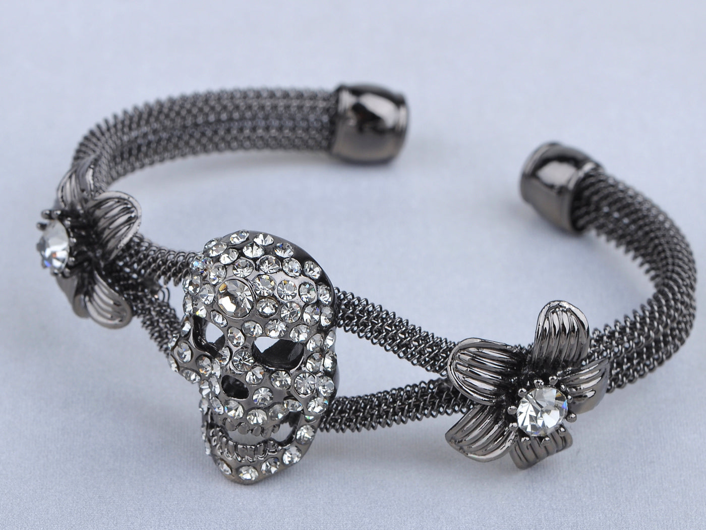 Gothic Skull Floral Halloween Gray Cuff Bracelet