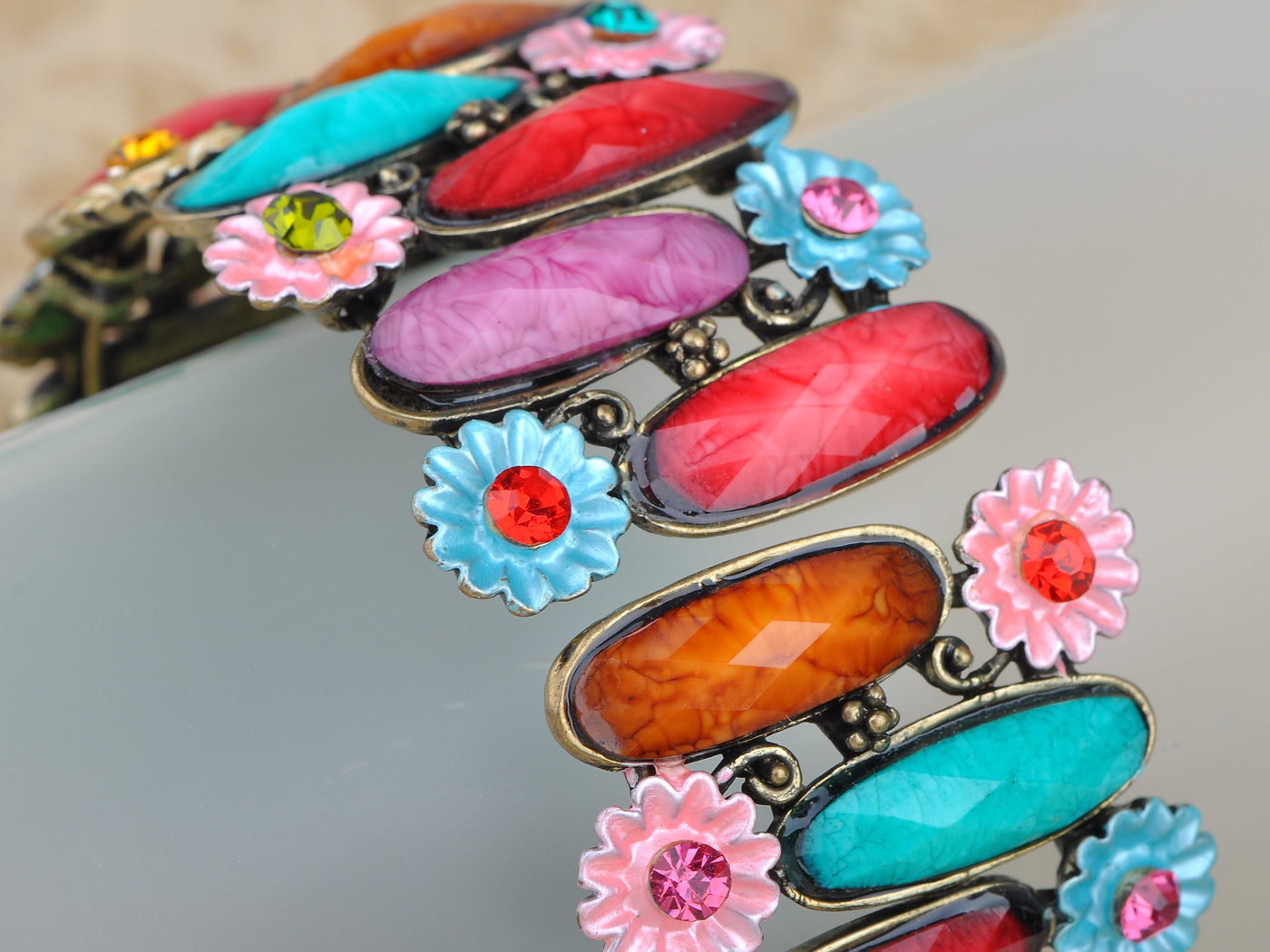 Antique Inspire Colorful Jeweled Gem Flower Bangle Bracelet