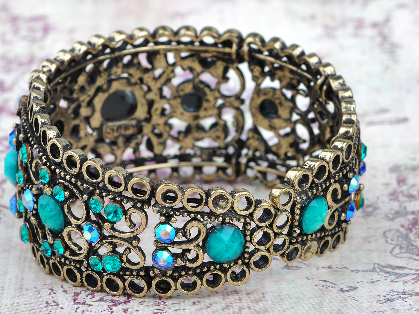 Antique Inspire Brass Zircon Capri Blue Gem Cuff Bangle Bracelet