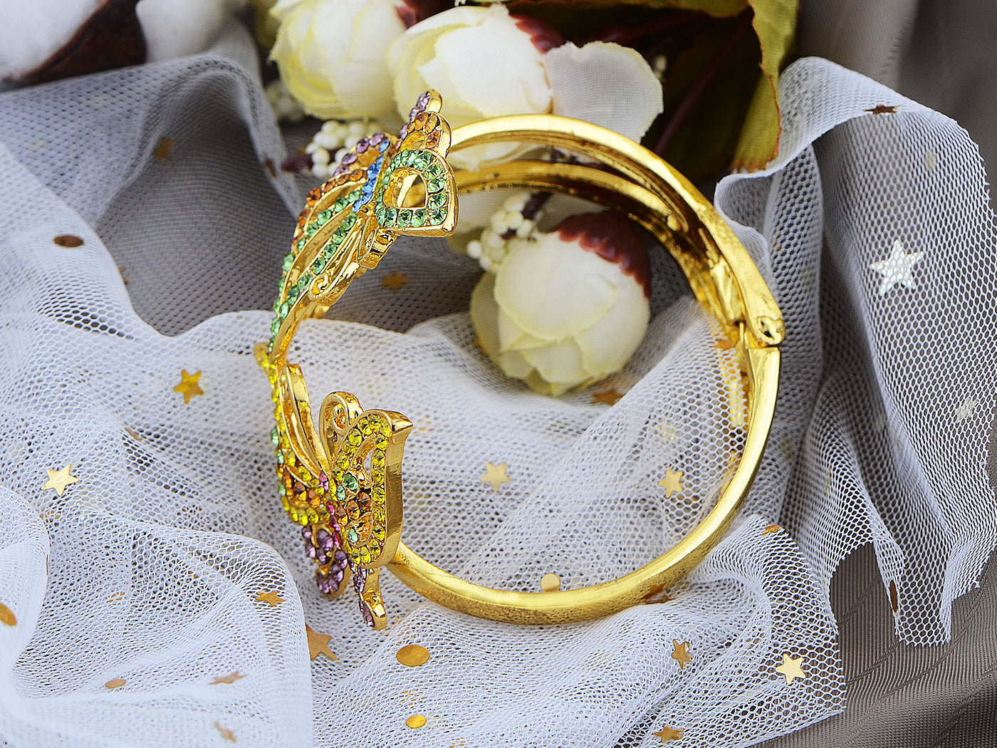 Colorful Wide Wings Spread Bead Butterfly Trio Bangle