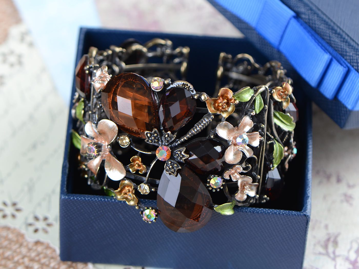 Gold Floral Topaz Flower Butterfly Dragonfly Cuff Bangle Bracelet