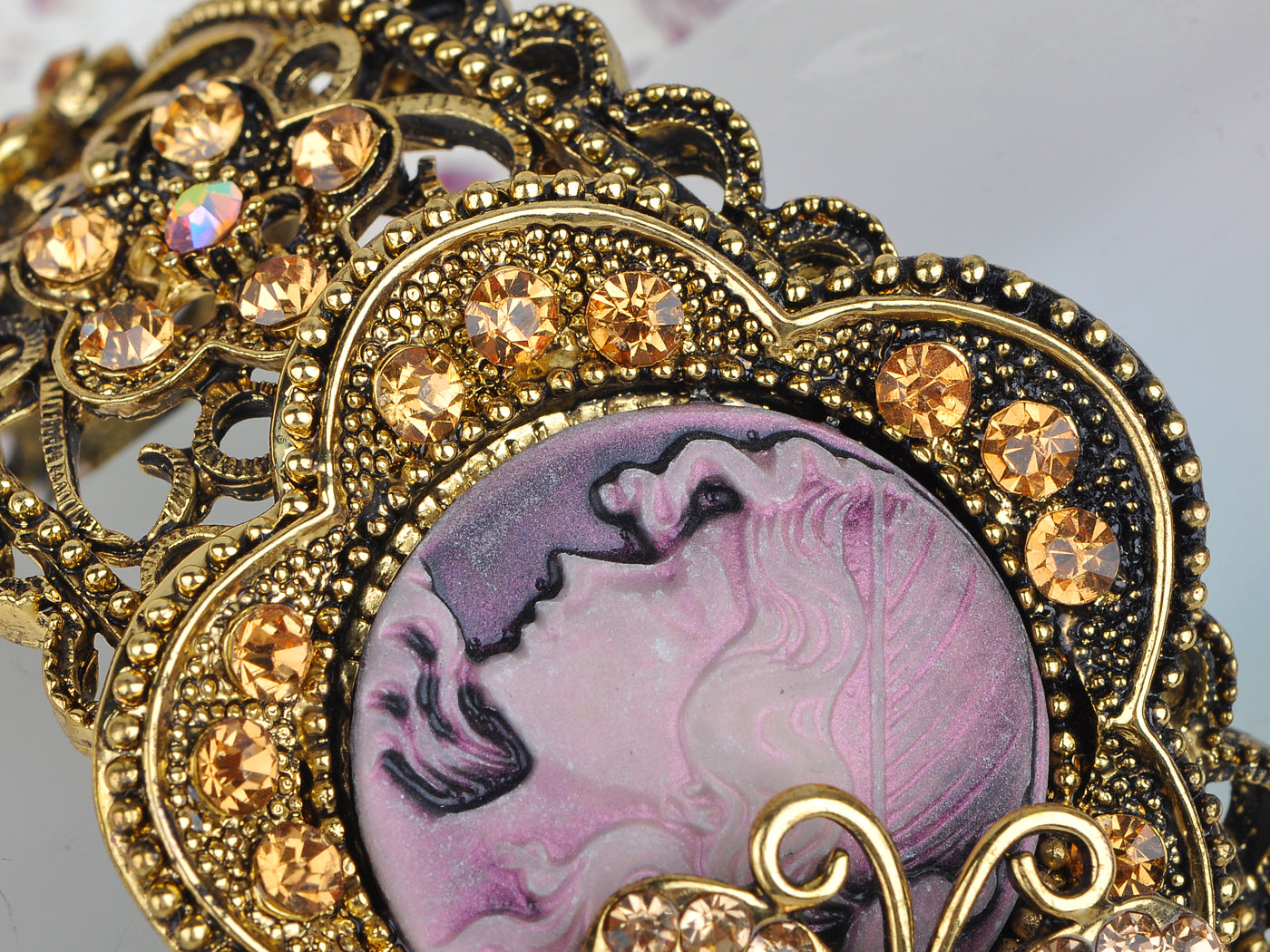 Antique Topaz Colored Vintage Cameo Lady Bangle Bracelet