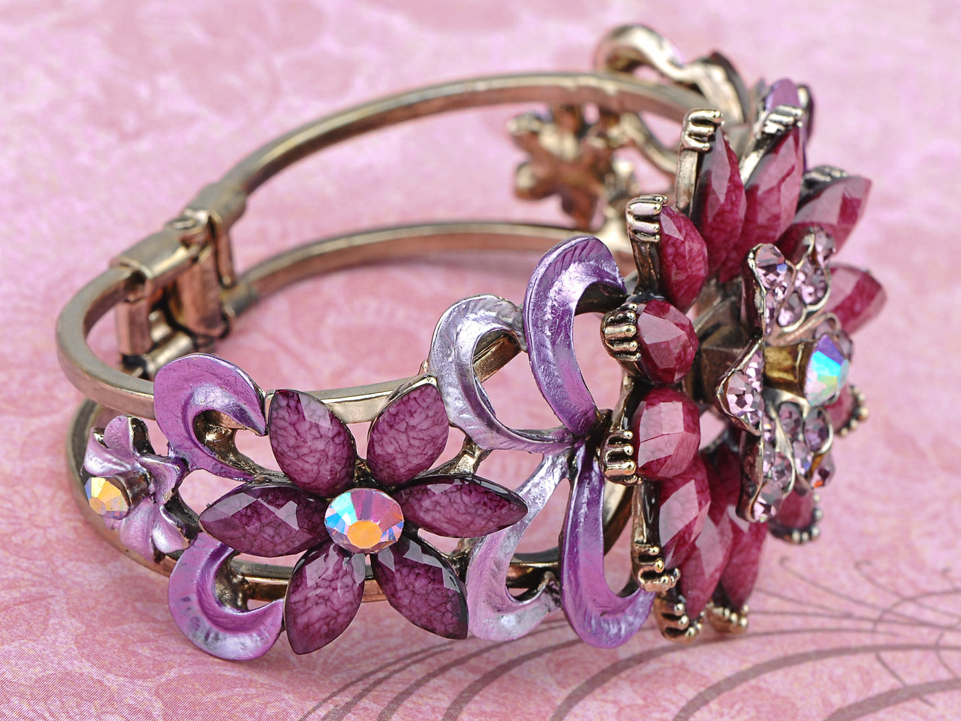 Vintage Iridescent Violet Purple Star Flower Bead Rustic Cuff Bangle Bracelet