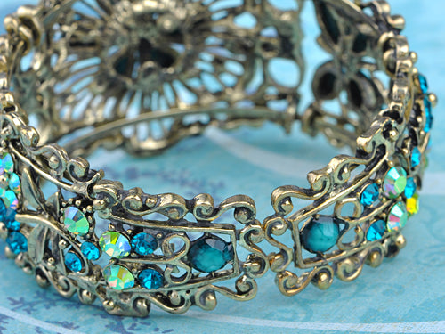 Vintage Flower Dragonfly Blue Bangle Cuff Bracelet