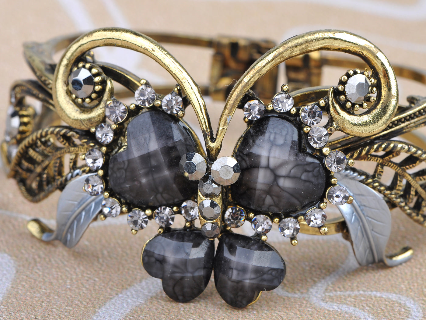 Grey Heart Bead Love Butterfly Cuff Bracelet Bangle
