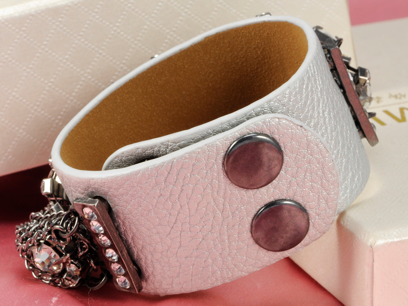 White Leather Studded Chain Button Snap Wrap Cuff Bracelet