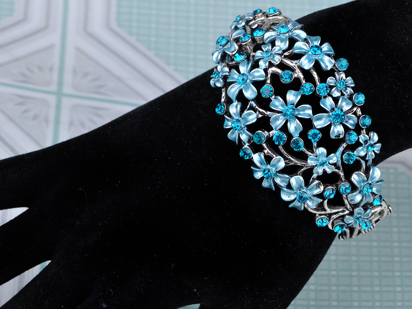 Blue Zircon Painted Spring Floral Flower Bracelet Bangle Cuff