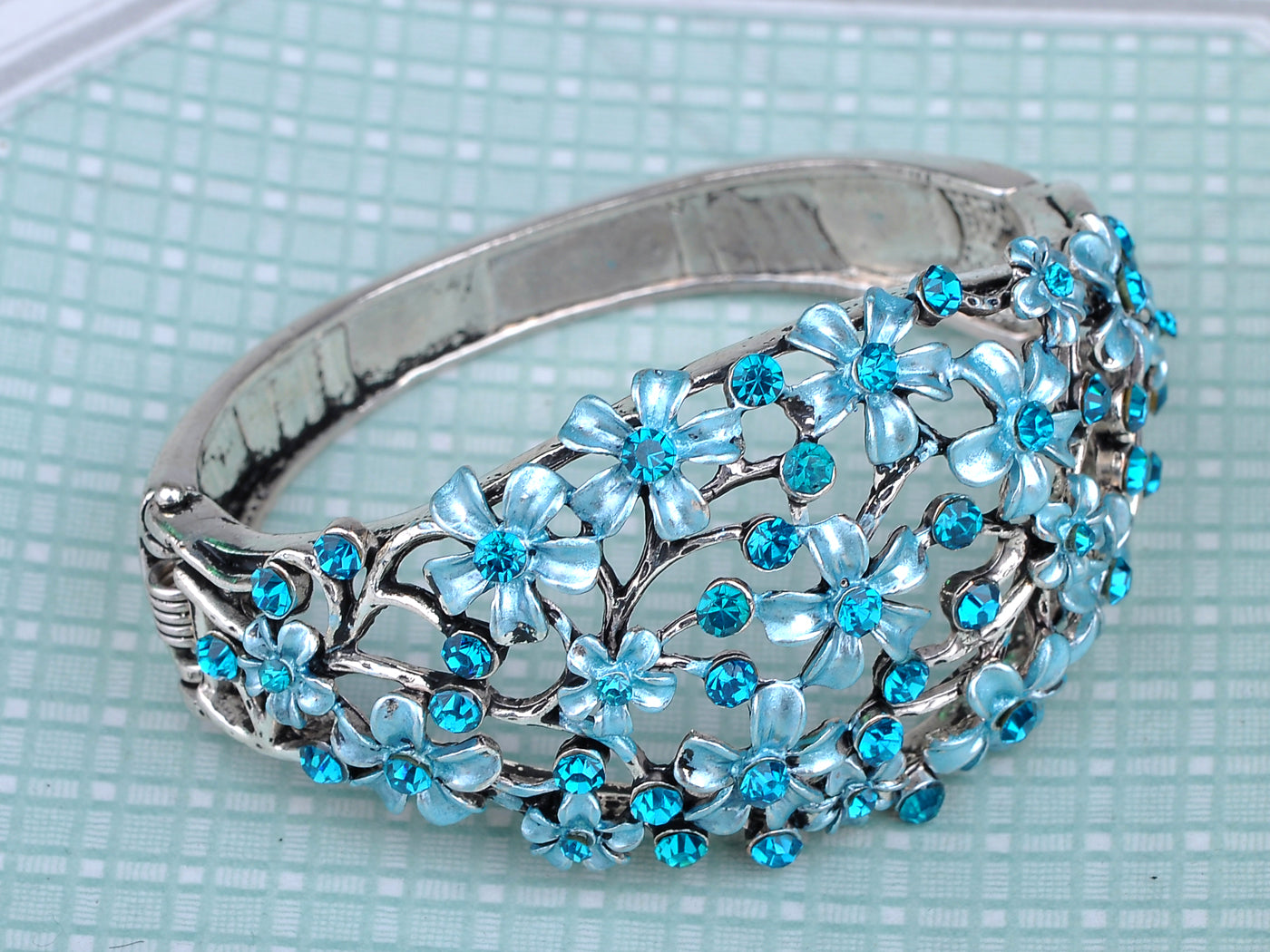 Blue Zircon Painted Spring Floral Flower Bracelet Bangle Cuff