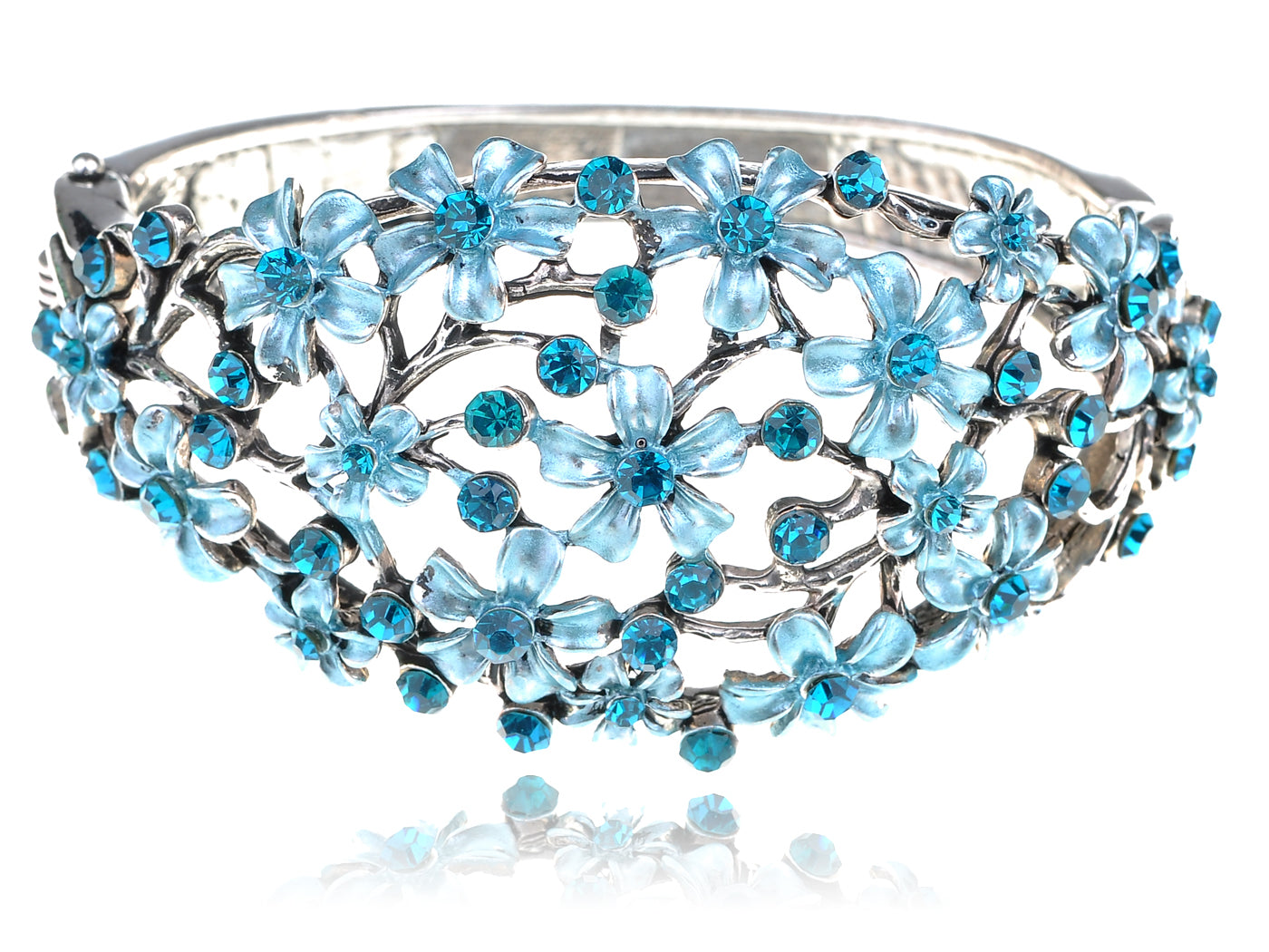 Blue Zircon Painted Spring Floral Flower Bracelet Bangle Cuff