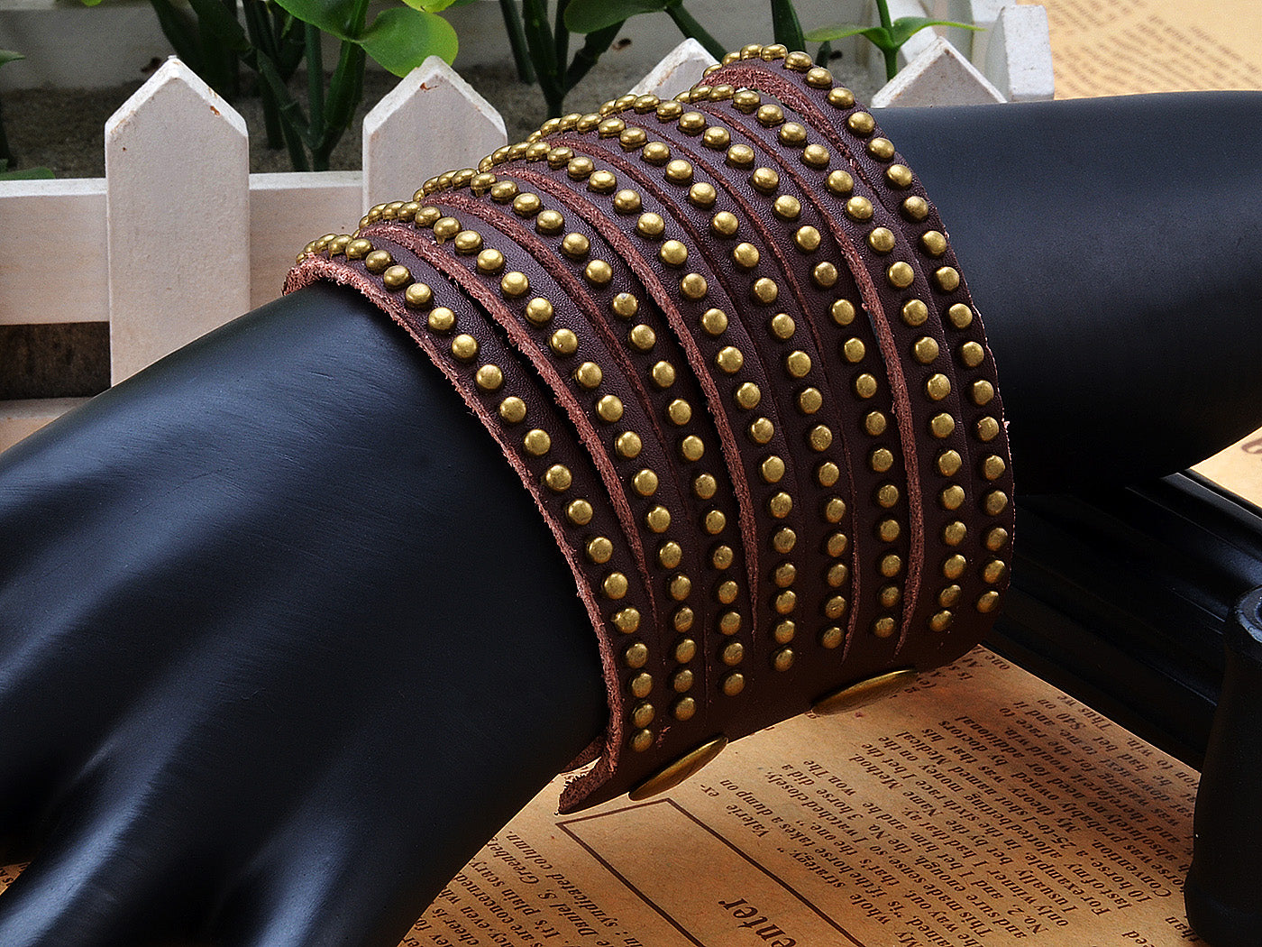Black Leather Multi Strand Studded Beads Snap On Arm Cuff Bracelet