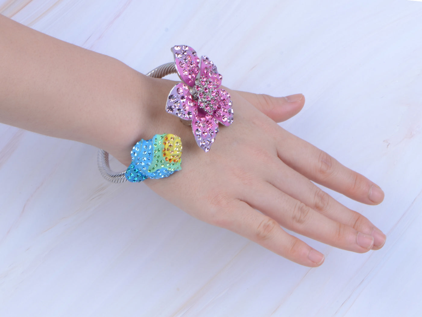 Rainbow Multicolor Flower Filigree Cuff Bangle Bracelet