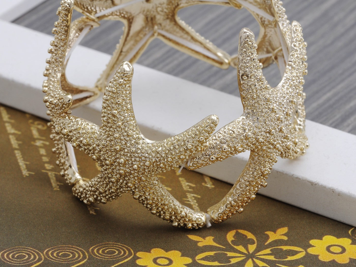 Gold Textured Starfish Stretch Bangle Cuff Statement Bracelet