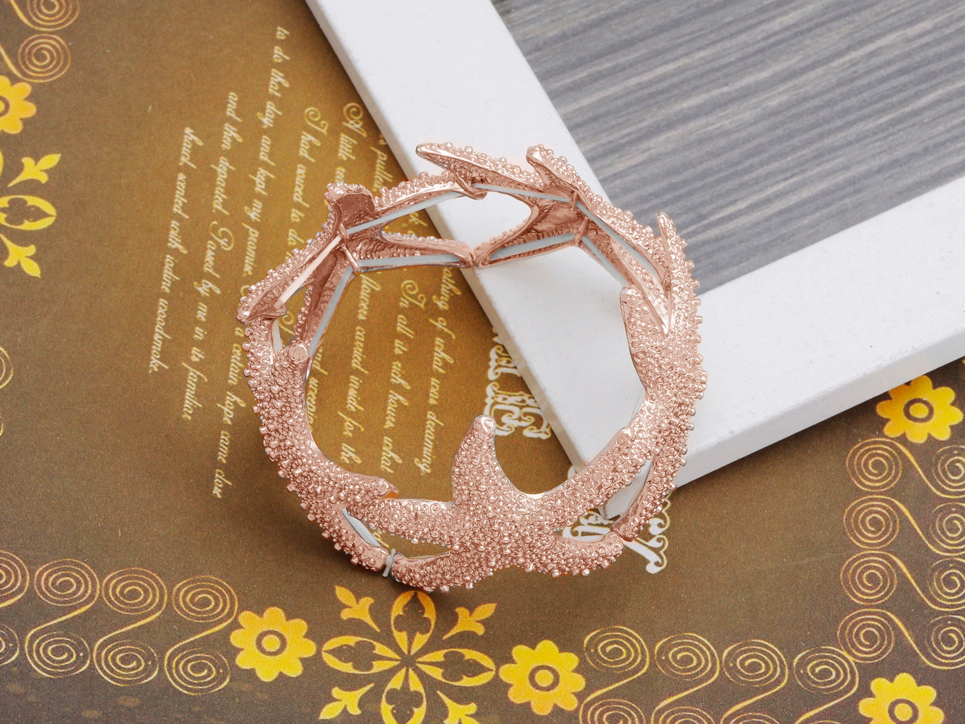 Gold Textured Starfish Stretch Bangle Cuff Statement Bracelet