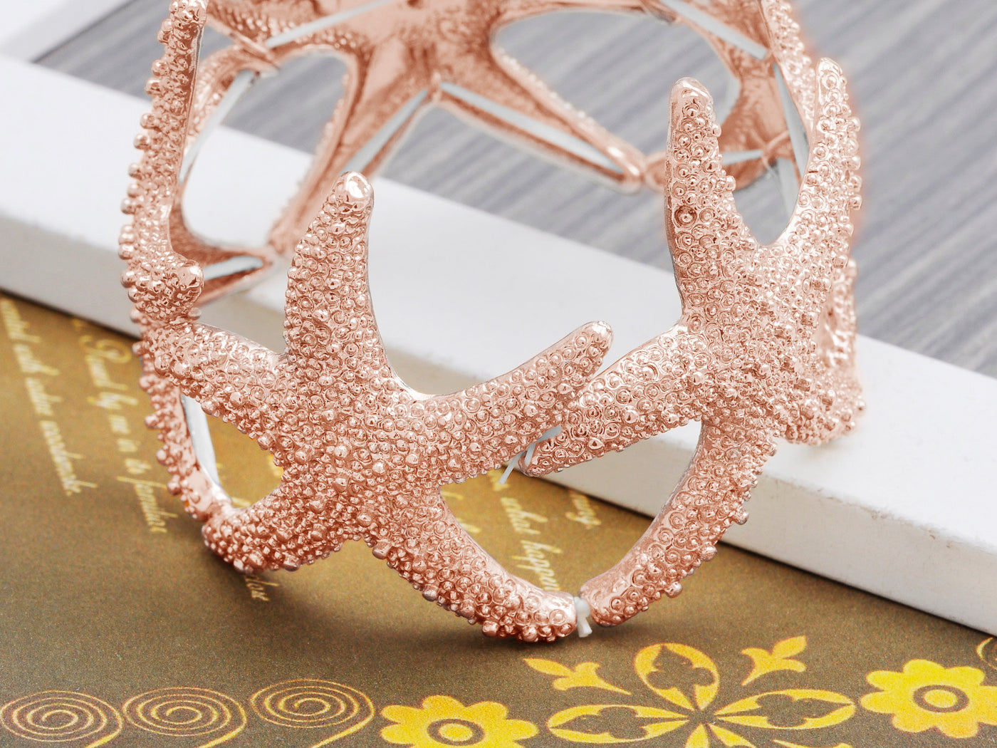 Gold Textured Starfish Stretch Bangle Cuff Statement Bracelet