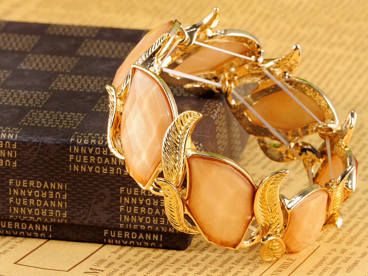 Orange Enamelled Leaf Pattern Stretch Bangle Bracelet