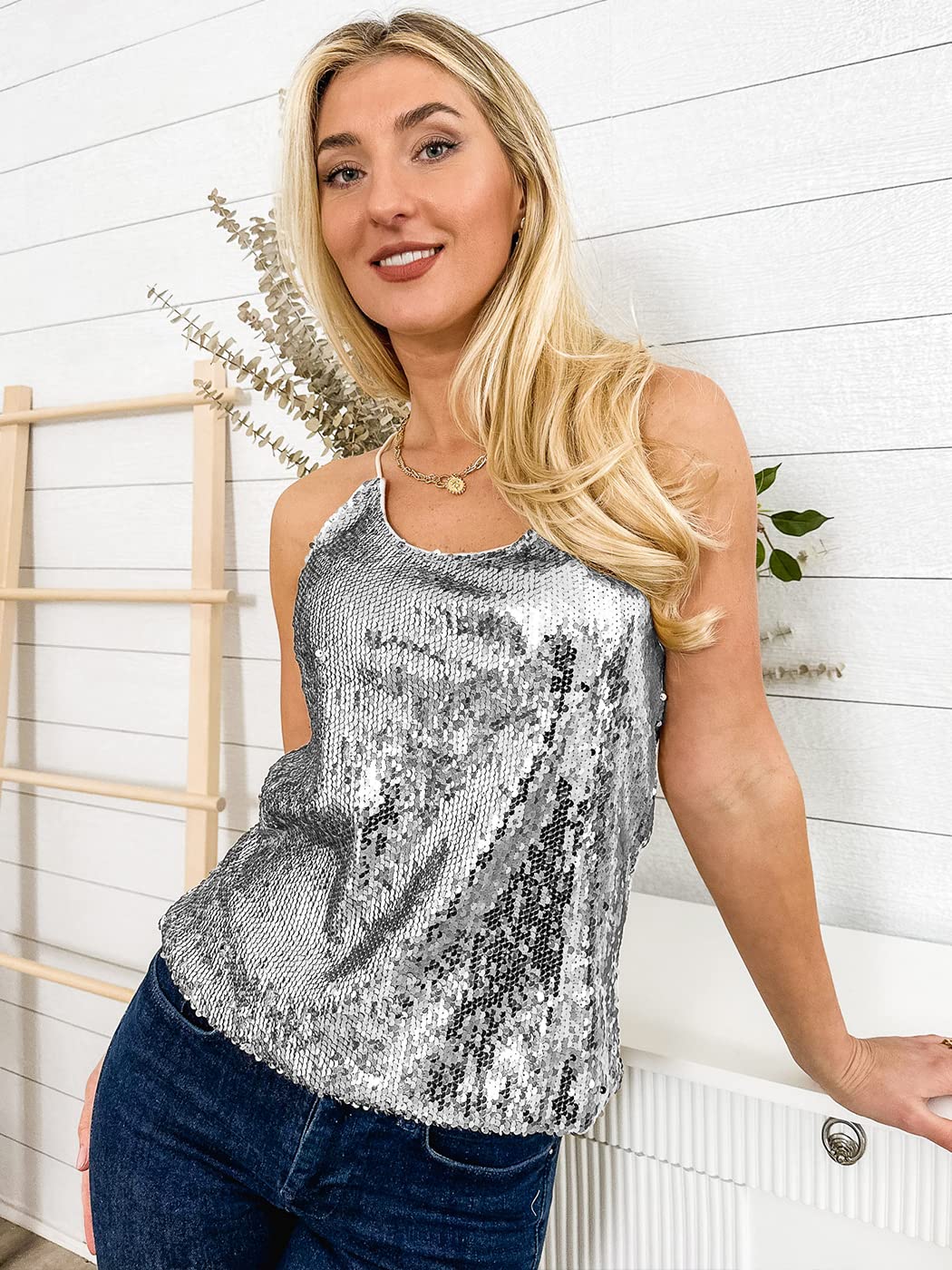 Shimmering Spaghetti Strap Tank - ALILANG.COM