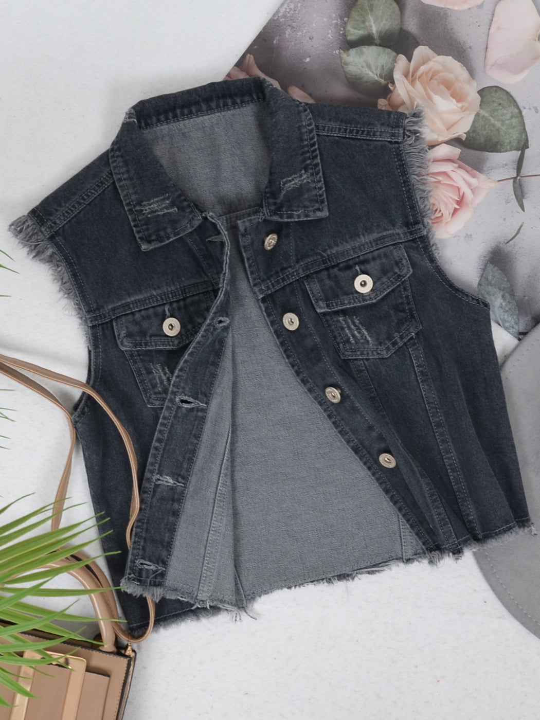 Frayed Denim Cropped Vest