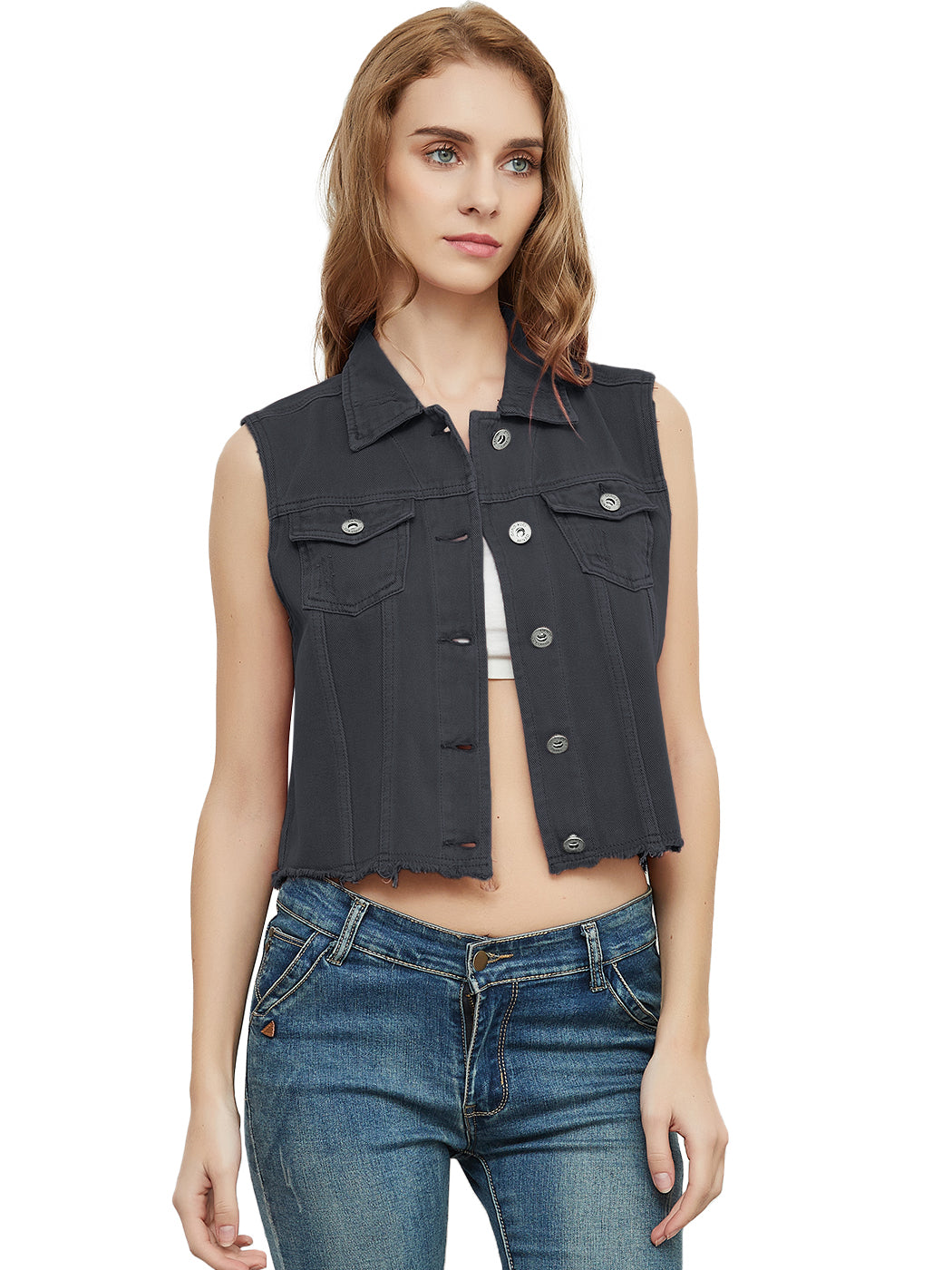 Frayed Denim Cropped Vest