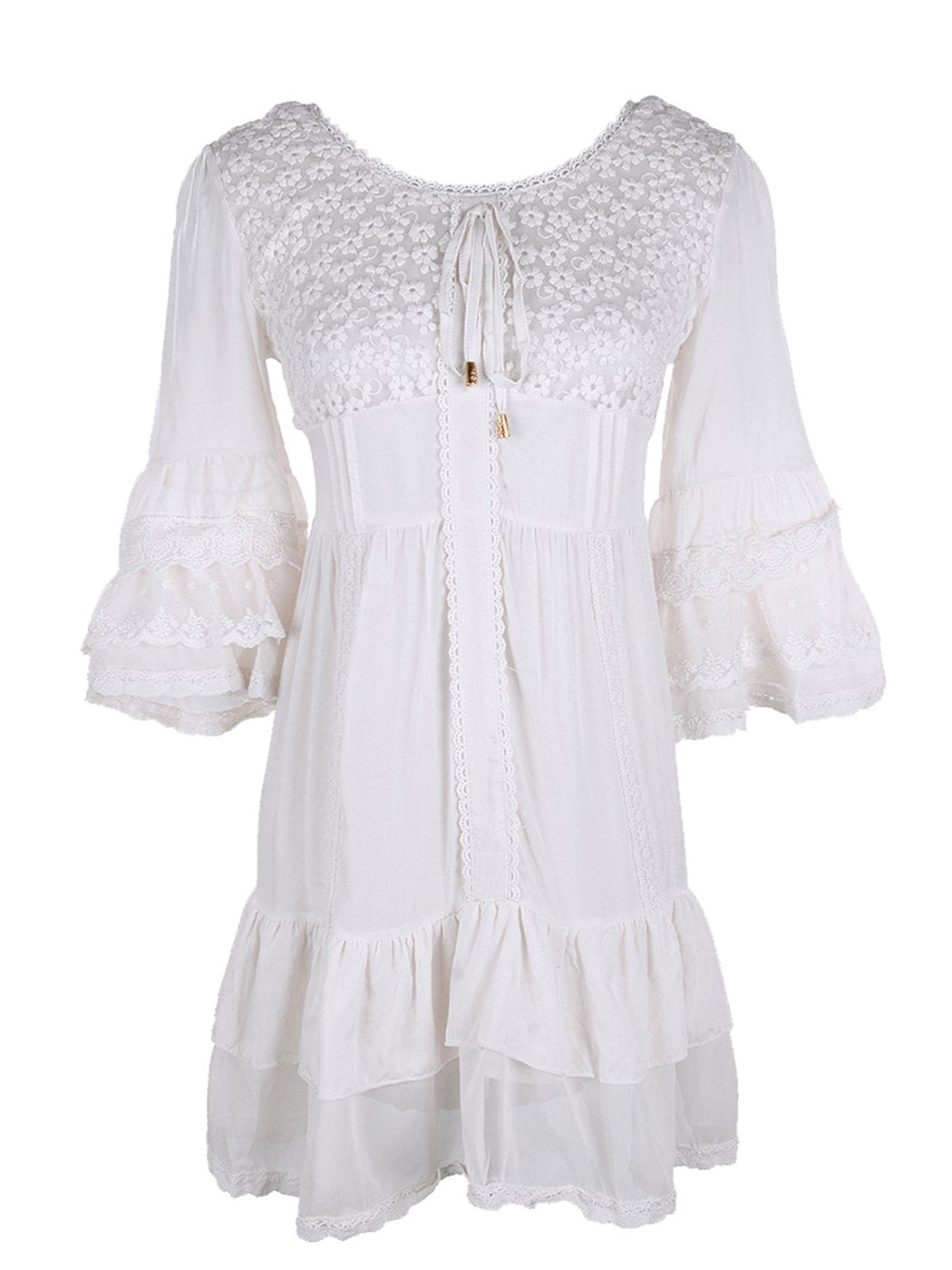 Boho Peasant Floral Lace Ruffle Hem Bell Sleeve Mini Dress