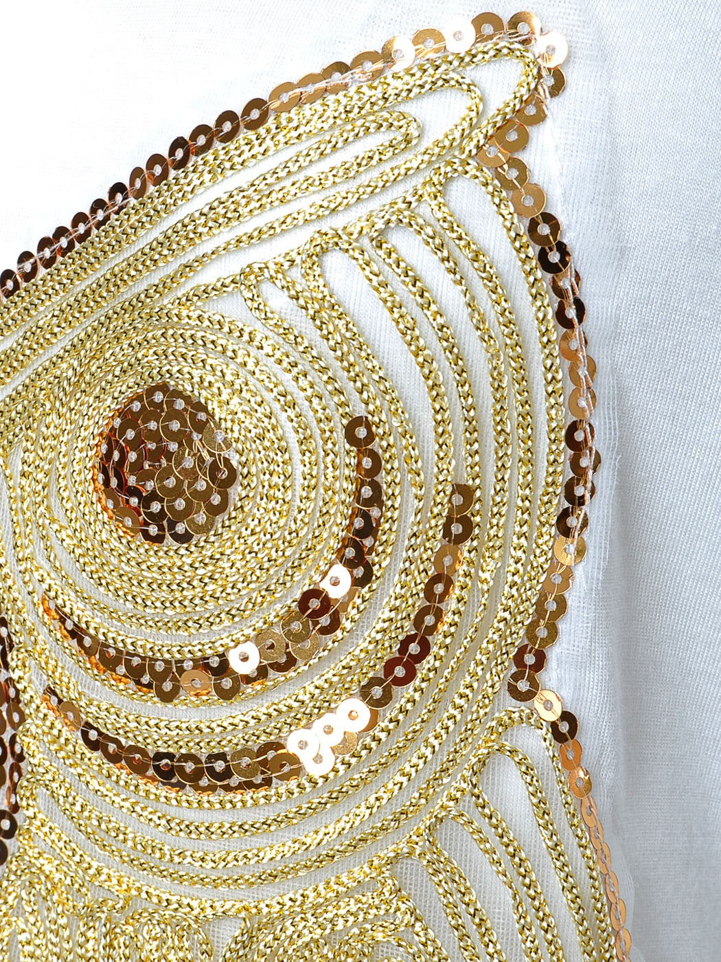 White Crochet Artistic Gold Owl Sequined Detail Top
