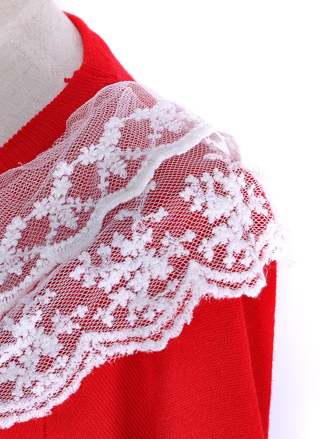 S/M Fit Bright Red Knit L/S Sweater w Lace Embroidered Collar Details