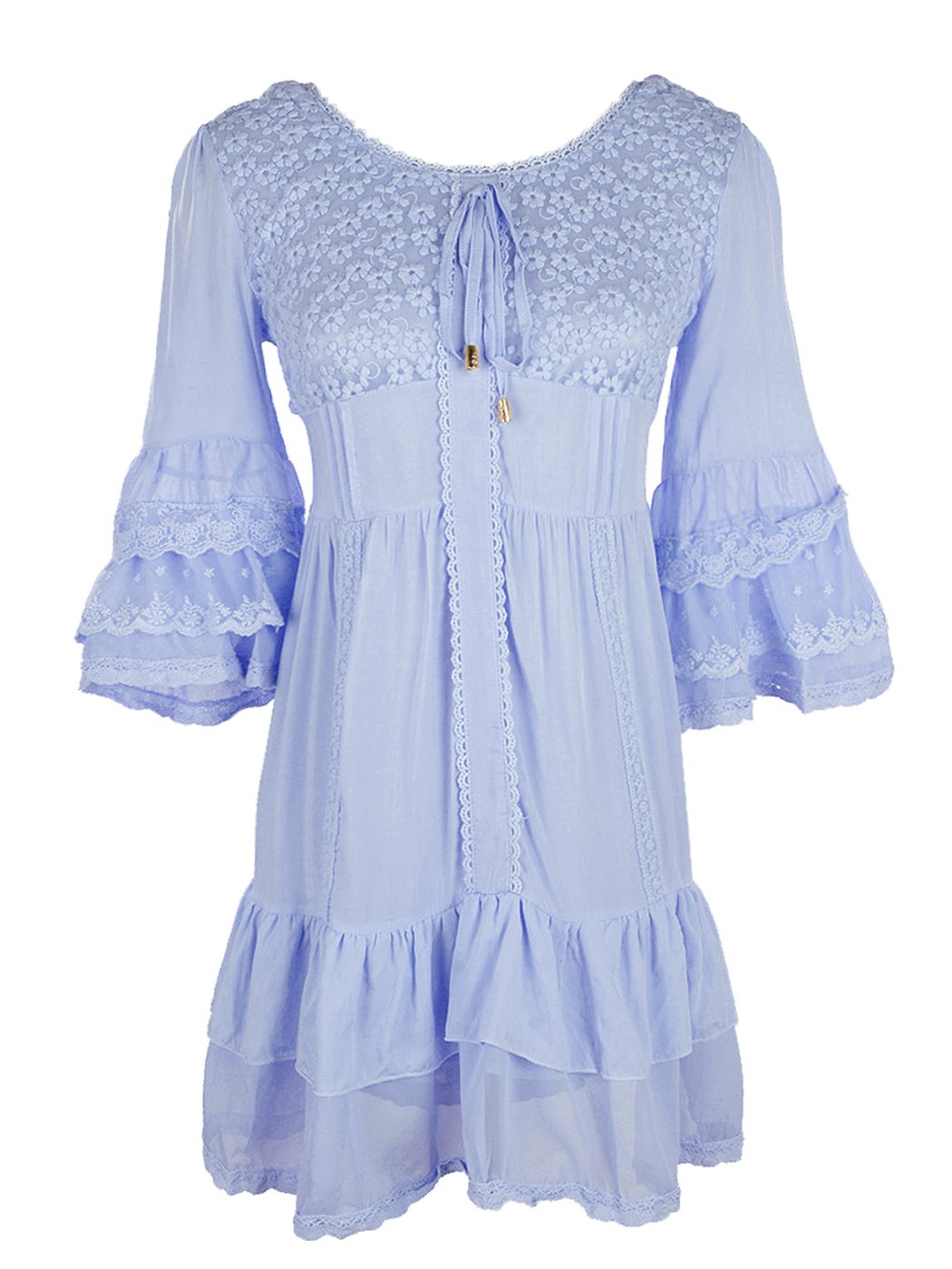 Boho Peasant Floral Lace Ruffle Hem Bell Sleeve Mini Dress