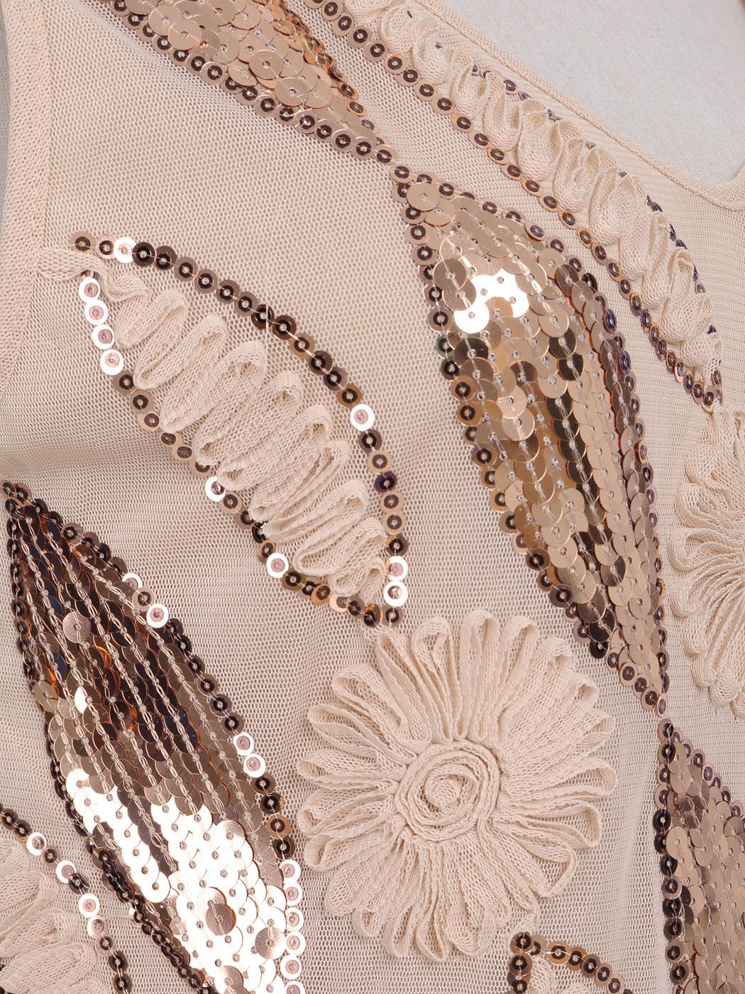 Pink Apricot Almond Shape Pattern Sequin Embellished Dress