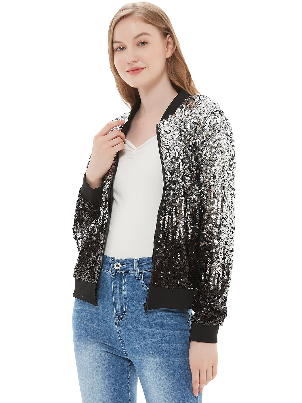 Sequin Bomber Zip-Up Jacket