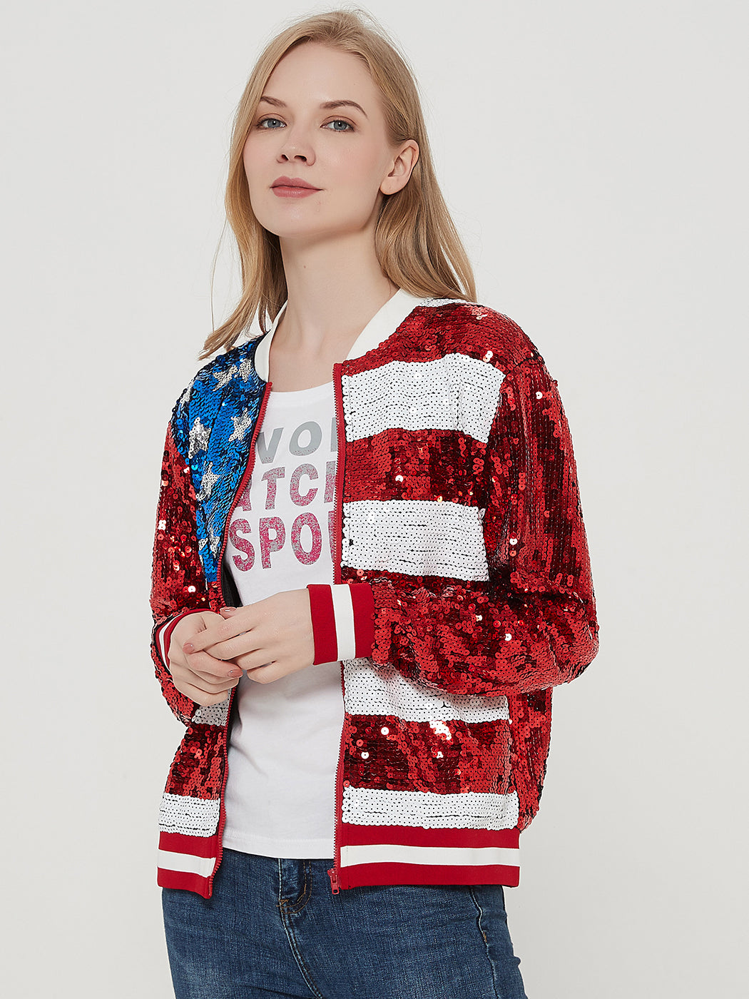 Sequin Bomber Zip-Up Jacket